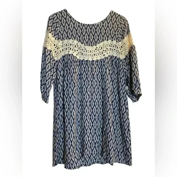 Kori Navy Blue Ivory Chevron Crochet Boho Tunic Dress Medium Flowy Geometric - Picture 1 of 12